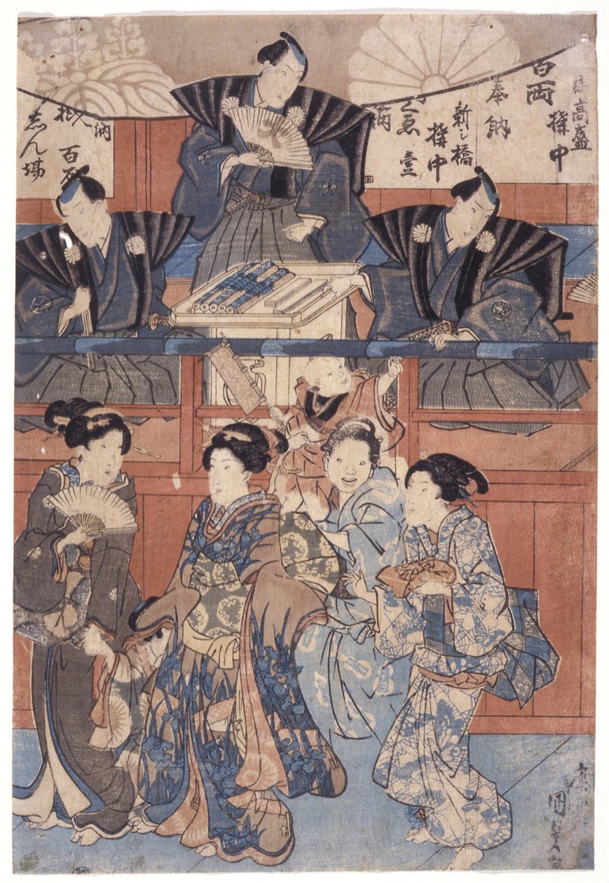 Jelenet a szentélygyűjtő színpad előtt (színes fametszet) alkotó: School Japanese