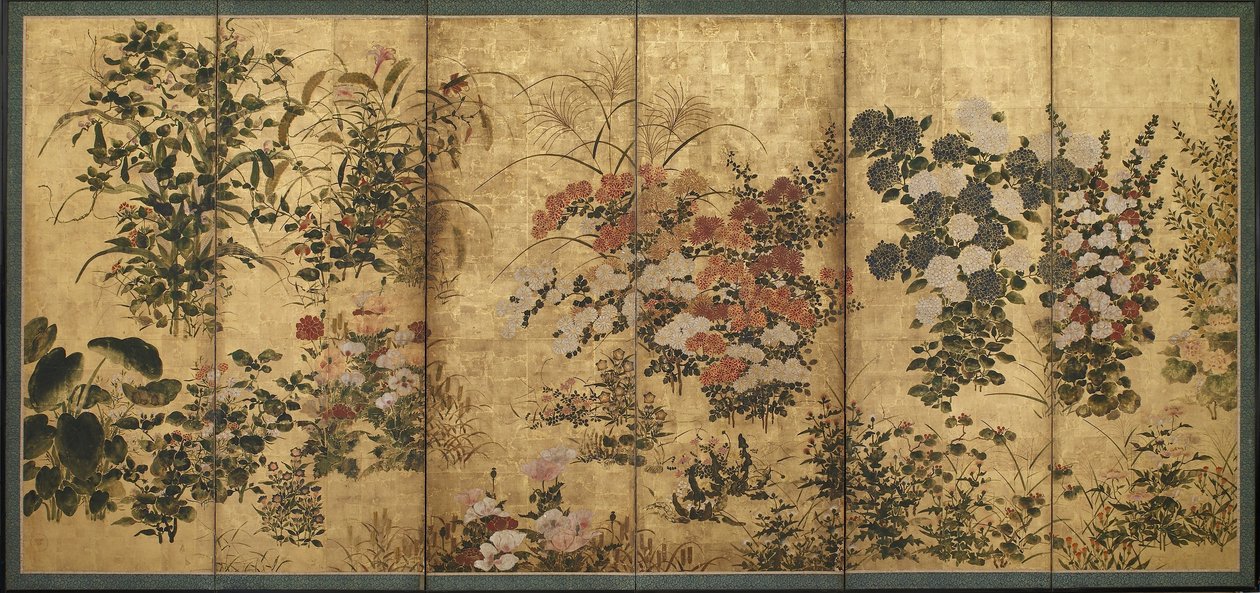 Nyári és őszi virágok, Edo-korszak (arany feletti szín a papíron) alkotó: Japanese School