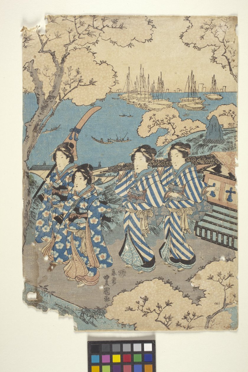 Totó: Virágnéző Gotenyamánál, 2 (Triptichon része) (színes fametszet) alkotó: School Japanese