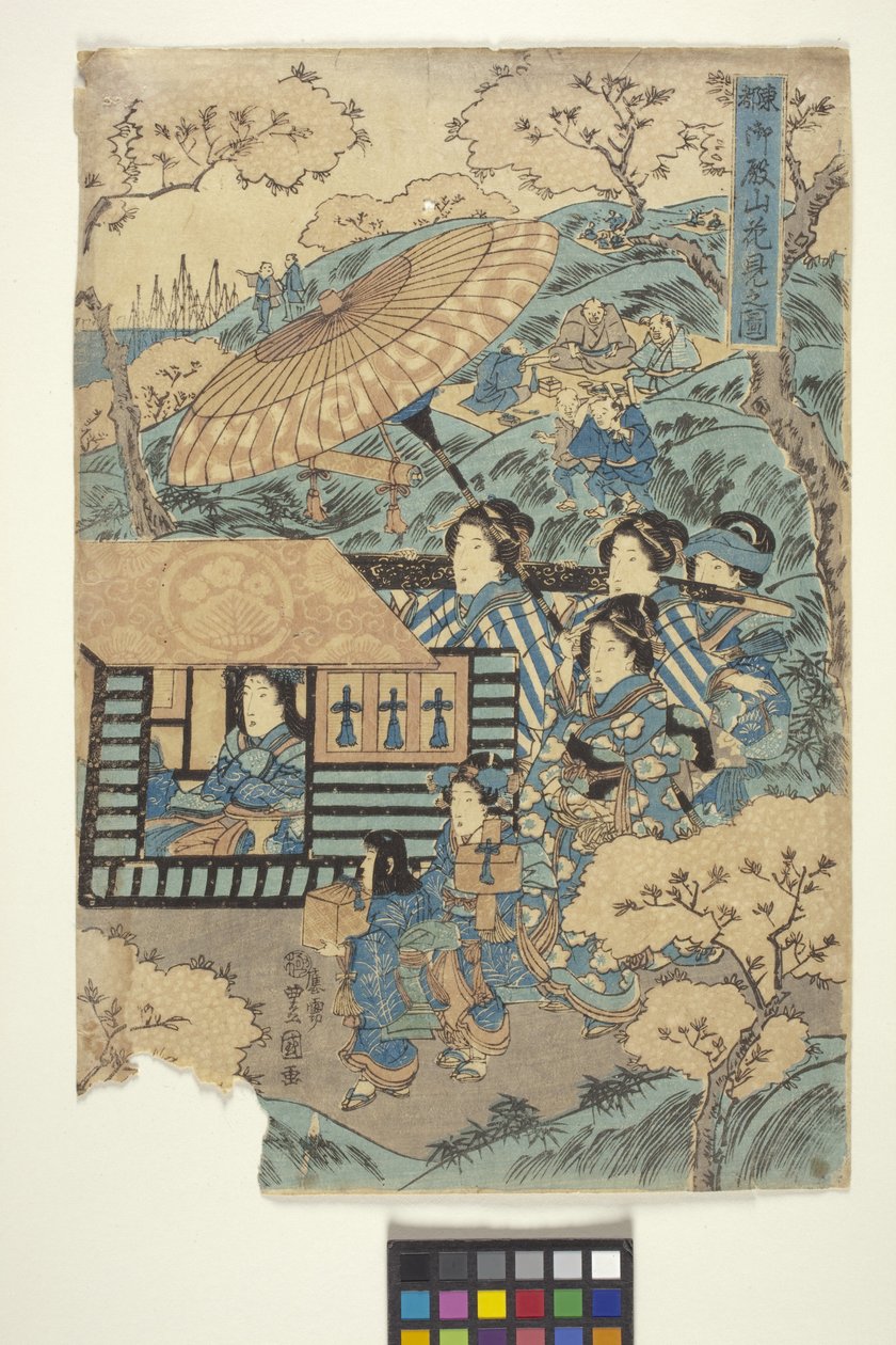 Totó: Virágnézés Gotenyamánál, 3 (Triptichon része) (színes fametszet) alkotó: School Japanese