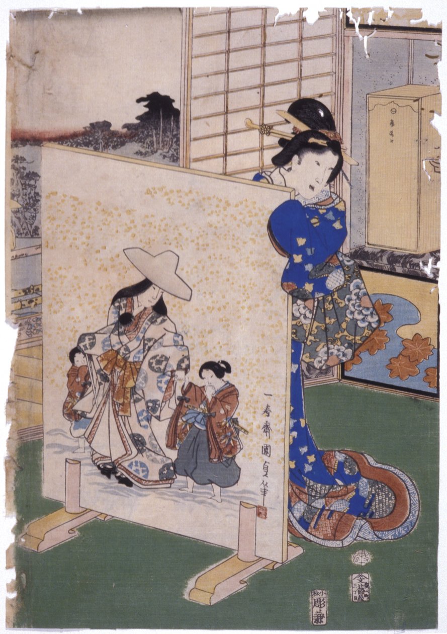 Nő áll a öltöny mögött, S. "Kunisada" festmény (színes fametszet) alkotó: School Japanese