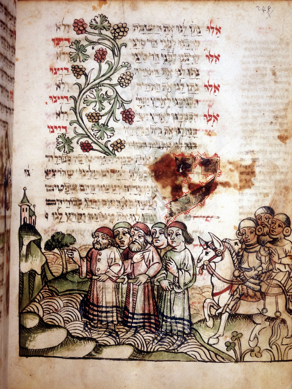 Bibliai jelenet: Zsidók átkelnek a Vörös-tengeren. Egy Machazor oldala, héber imakönyv. kézirat sd. alkotó: School Jewish