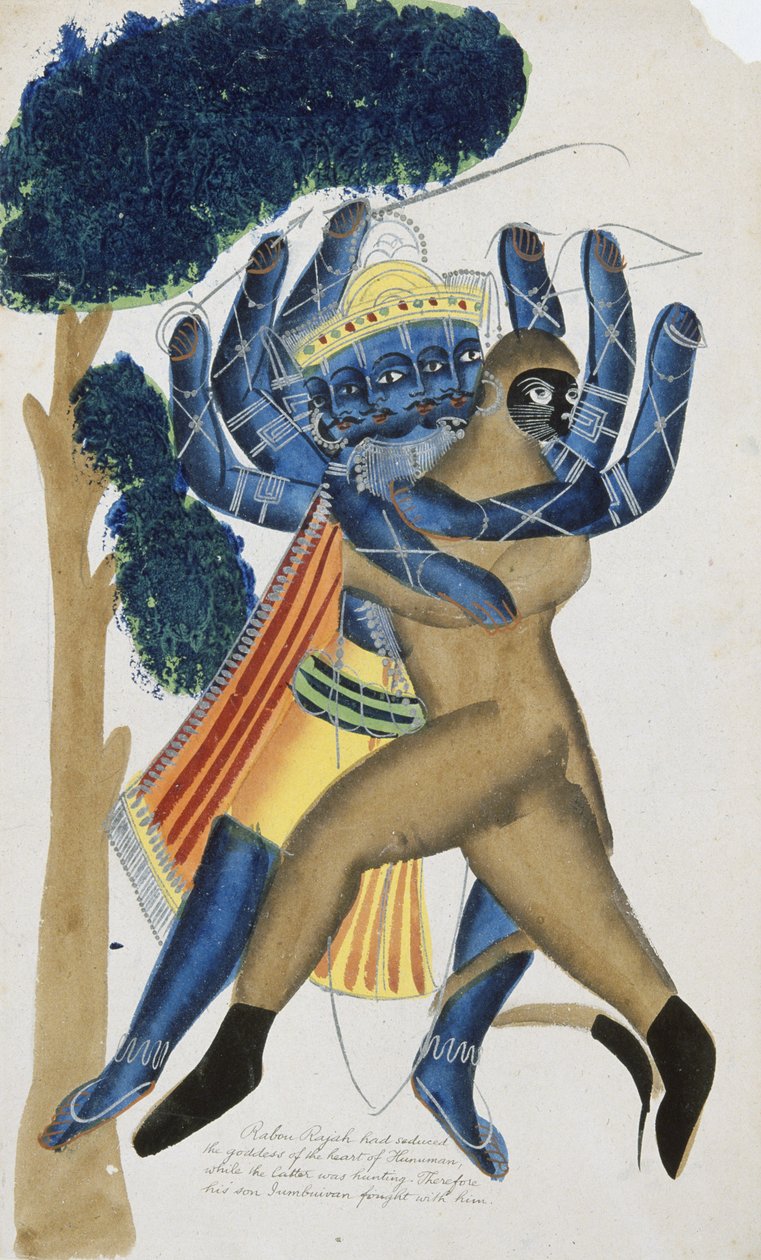 Ravana, Ceylon démonkirálya harcol Hanuman fiával (akvarell, papír) alkotó: School Kalighat