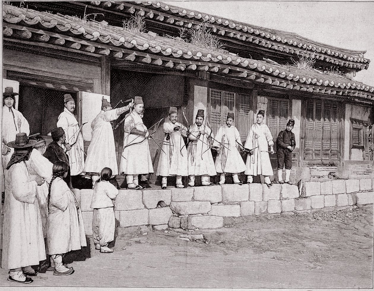 Bowmen a régi szöuli palotában, Korea, 19. század vége alkotó: School Korean