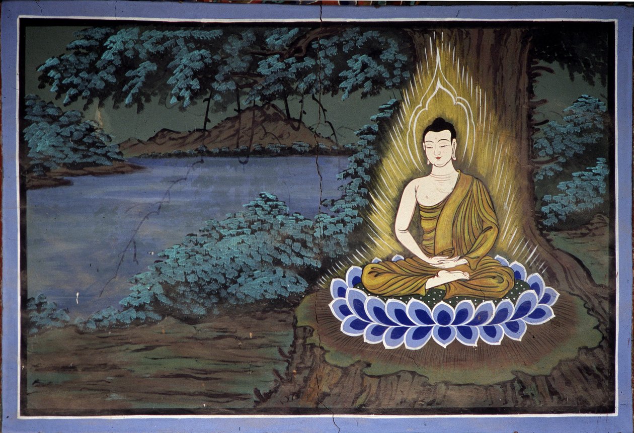 Buddha meditáció: Freskó a Yongju templomban, Suwon régióban, Korea alkotó: School Korean