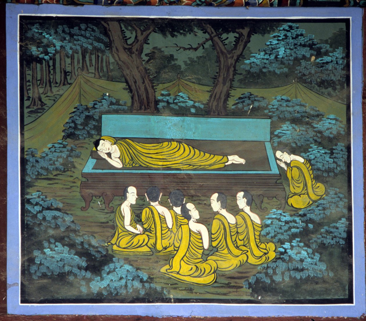 Buddha és tanítványai. Freskó a Yongju templomban, Suwon régióban, Korea. alkotó: School Korean