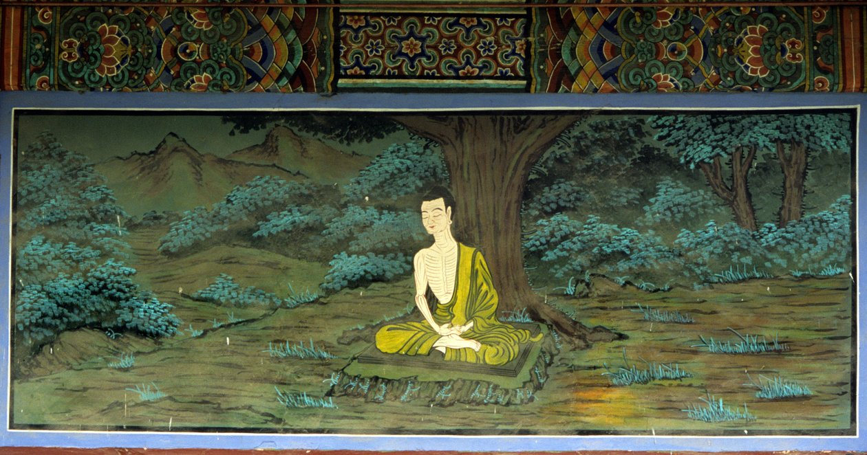 Buddha a meditációban. Freskó a Yongju templomban, Suwon régióban, Korea. alkotó: School Korean