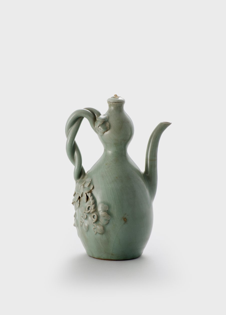 Dupla tökös teáskanna (Kőedény és porcelán mázzal és domborműves dekoráció) alkotó: School Korean