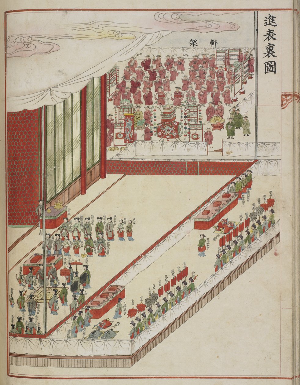Koreai udvari rituálé. Oldal egy udvari kéziratból, amely Lady Hyegyong és Sado koronaherceg házasságának 1749-es beteljesülésének 60. évfordulóját mutatja be. alkotó: School Korean