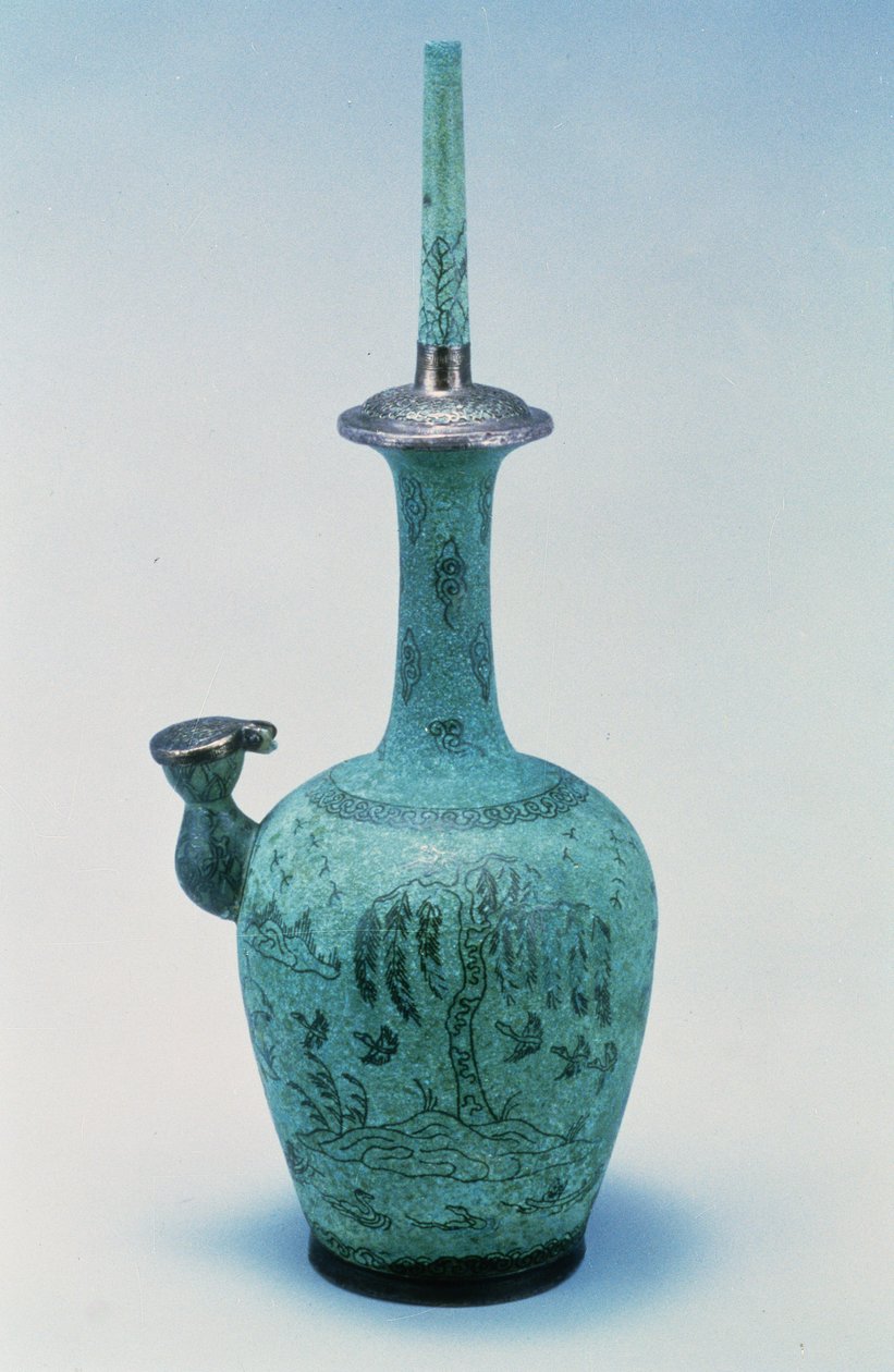 Kundika kirakásos mintával, amely madarakat és egy fát ábrázol ezüstben, Koryo-dinasztia, i.sz. 918-1392 (bronz) alkotó: School Korean