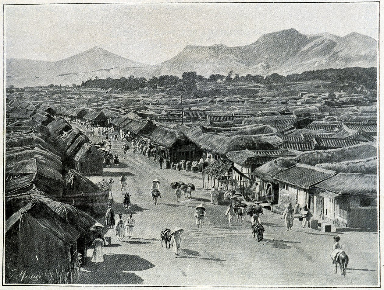 Kilátás Szöul főutcájára, Korea fővárosára a 19. században alkotó: School Korean