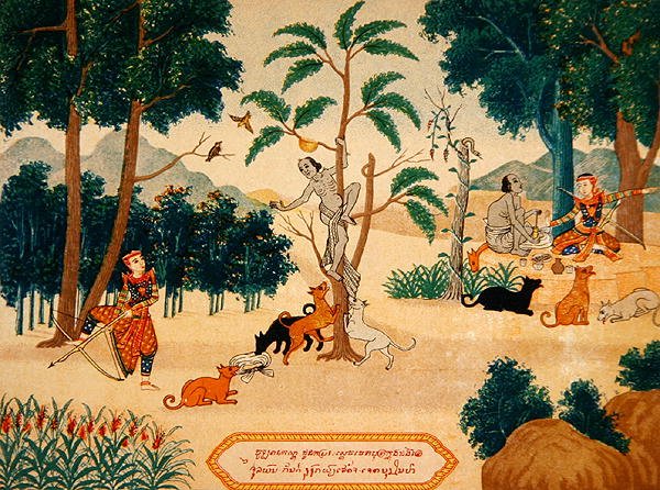 Buddhista történetek illusztrációi, 1920 körül (színes litográfia) alkotó: School Laotian
