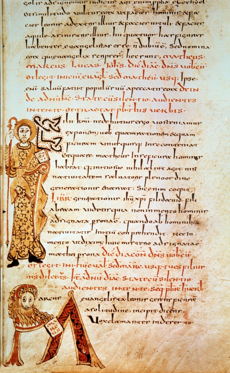 Szent Máté; M betű (Szent Márk oroszlánjának feje). Oldal: „” Sacramentary of Gellone”, 42. fólió. Dávid, 790. vers, Franciaország, Meaux vagy Cambrai. BN, Párizs alkotó: School Merovingian