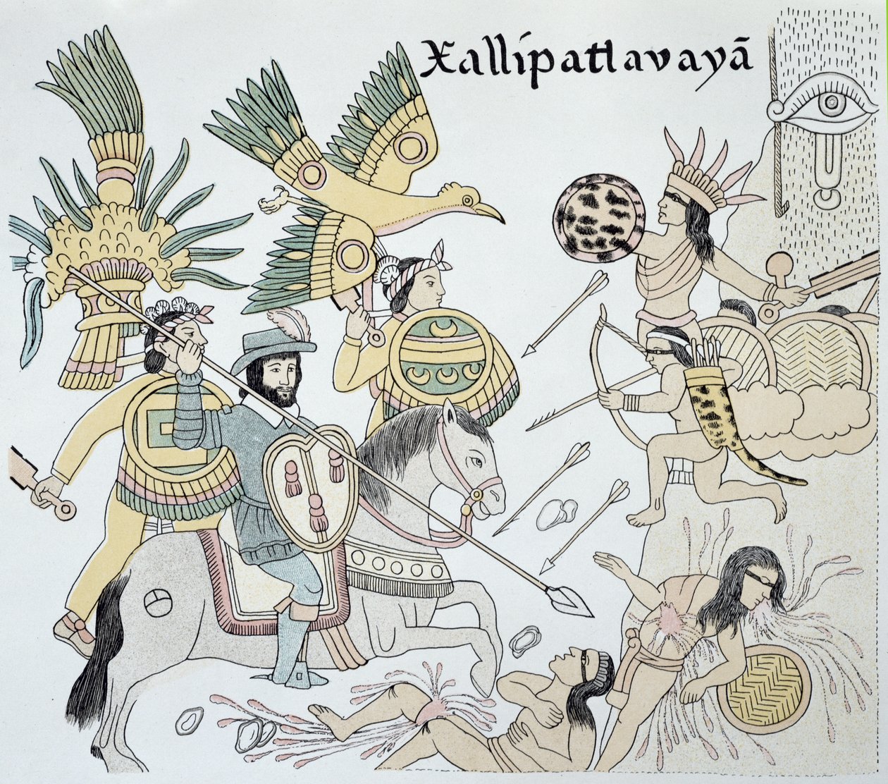 Harc a spanyolok és az aztékok között a Xallipatlavaya-i csatában, illusztráció egy 1550 körüli mexikói indián képtörténet, a "Lienzo de Tlaxcala" fakszimiléjéből. alkotó: School Mexican