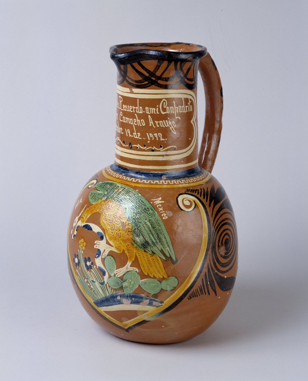 Népművészet: pulque jar (ferment agave alkohol) festett és lakkozott terrakottában, Mexikóból. 1972 Valley Museum, Barcelonnette (Alpes de Haute Provence) alkotó: School Mexican
