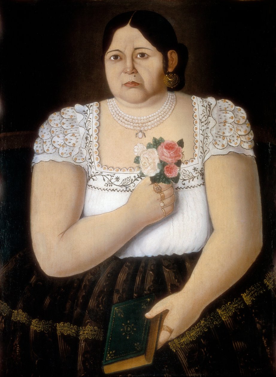 Egy őslakos pueblai nő portréja rózsacsokorral (festmény) alkotó: School Mexican