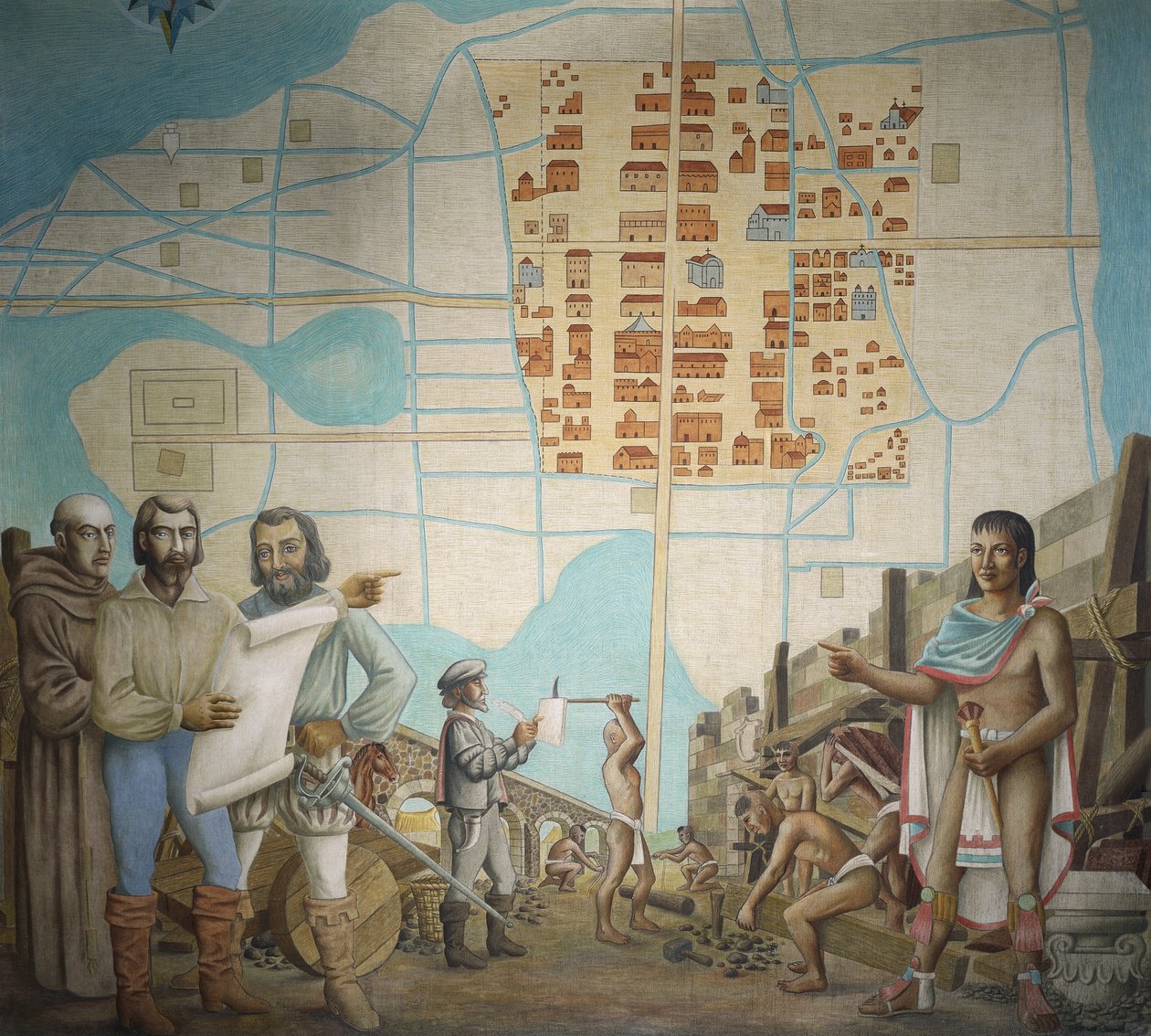 Három férfi áll egy építkezésben, Mexikóváros, Mexikó alkotó: School Mexican