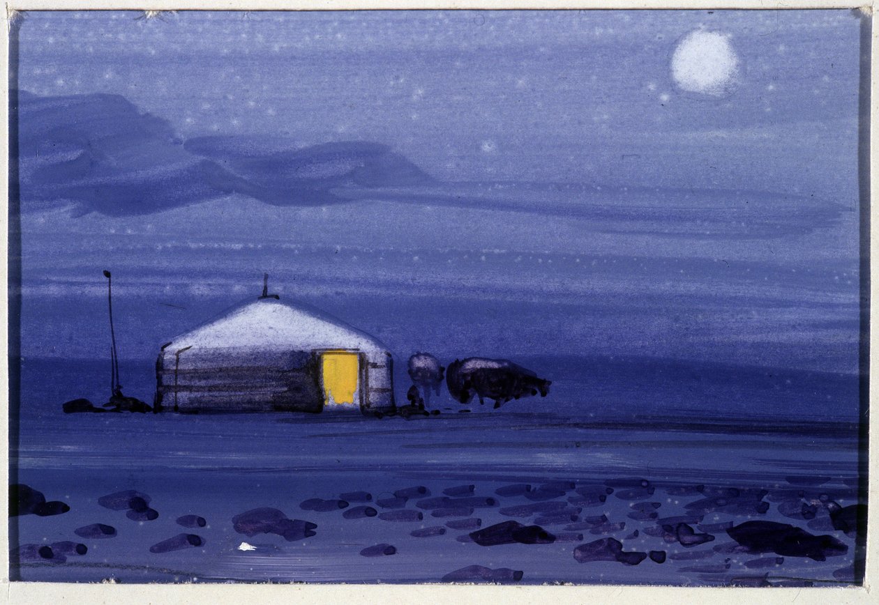 Mongol Jurta, Éjszaka - Mongol akvarell alkotó: School Mongolian