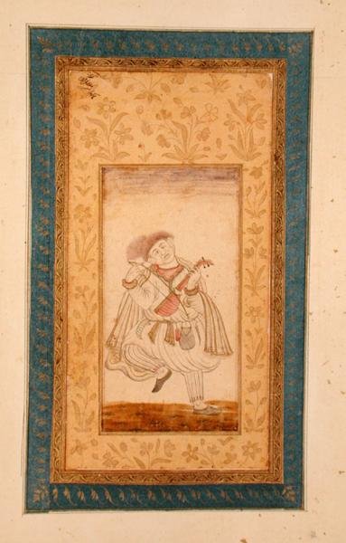 Egy táncoló sarangi játékos, a mogul udvar zenésze, a Large Clive Albumból (színezett rajz) alkotó: School Mughal