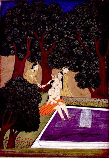 Egy hölgy a medencénél, Johnson IX. album, 16. sz., 1780 körül (guache, arannyal a papíron) alkotó: School Mughal