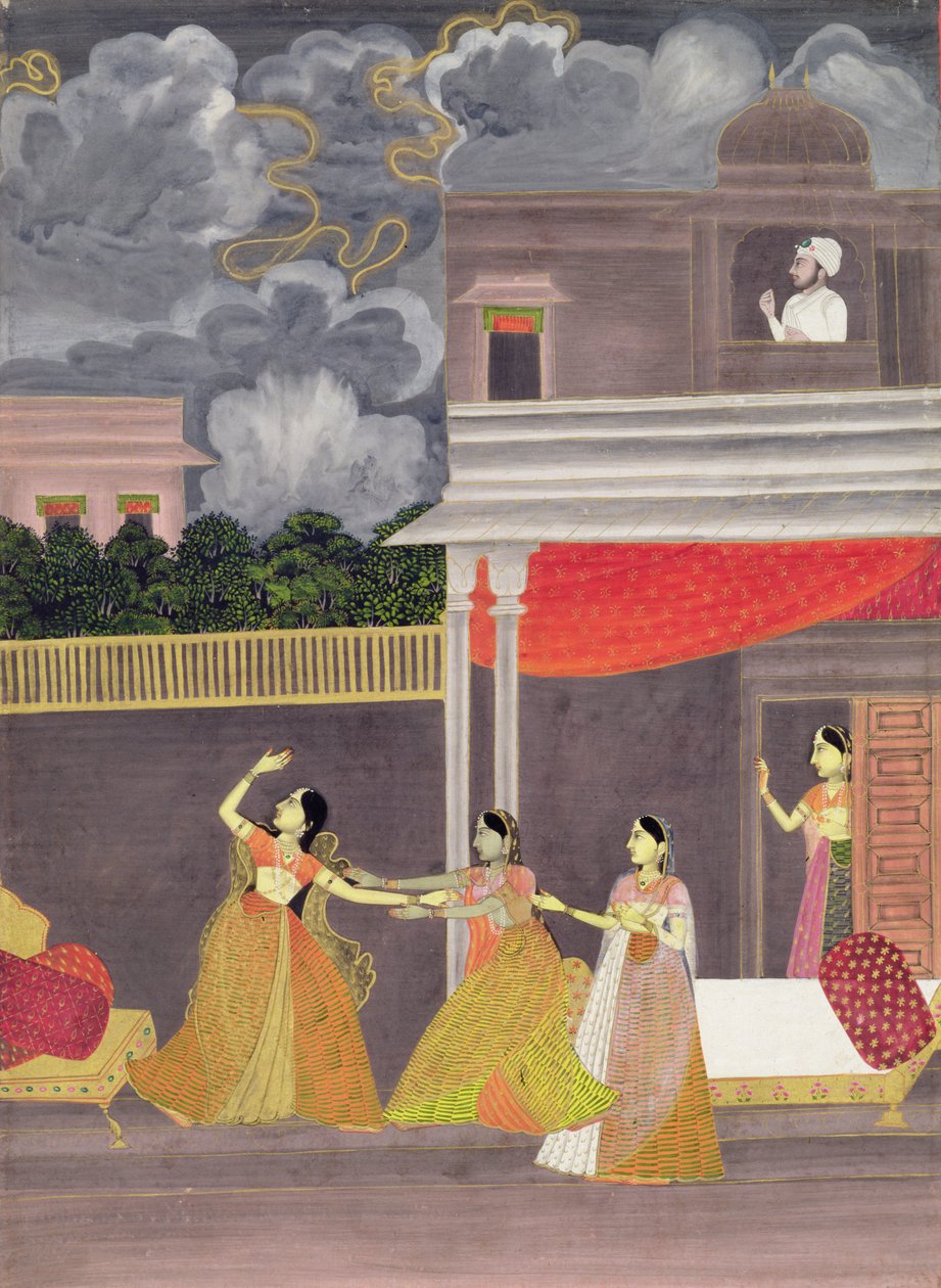 Egy éjszaka viharból behozott hölgy: illusztráció a zenei módból Madhu Madhavi, 1760 körül (guache papíron) alkotó: School Mughal