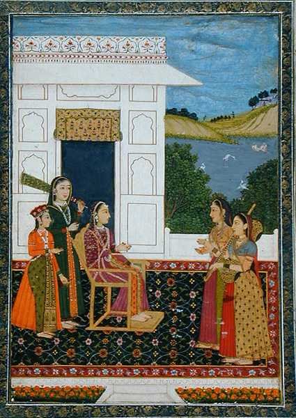 Hölgy kísérőkkel a teraszon, a Small Clive Albumból (átlátszatlan akvarell papíron) alkotó: School Mughal