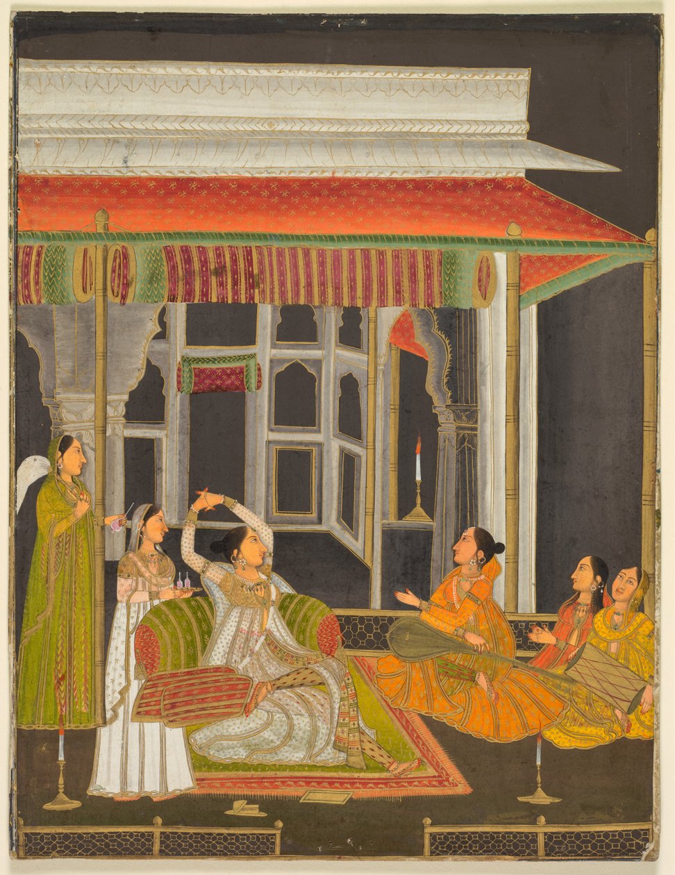 Hercegnő egy teraszon kísérőkkel éjszaka (recto); kalligráfia (verso), 1760 körül (fedetlen akvarell, arany, papír) alkotó: School Mughal