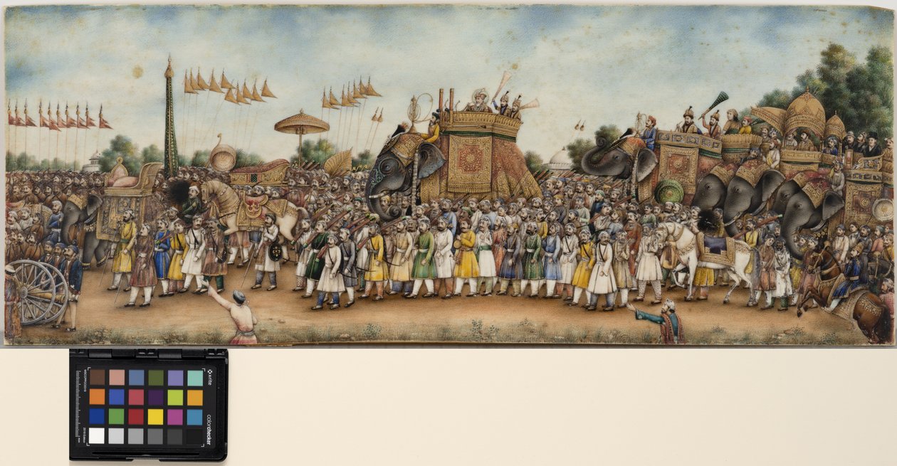 II. Akbar Shah egy elefánton lovagol egy hatalmas menetben, 1835 körül (átlátszatlan akvarell és arany elefántcsonton) alkotó: School Mughal