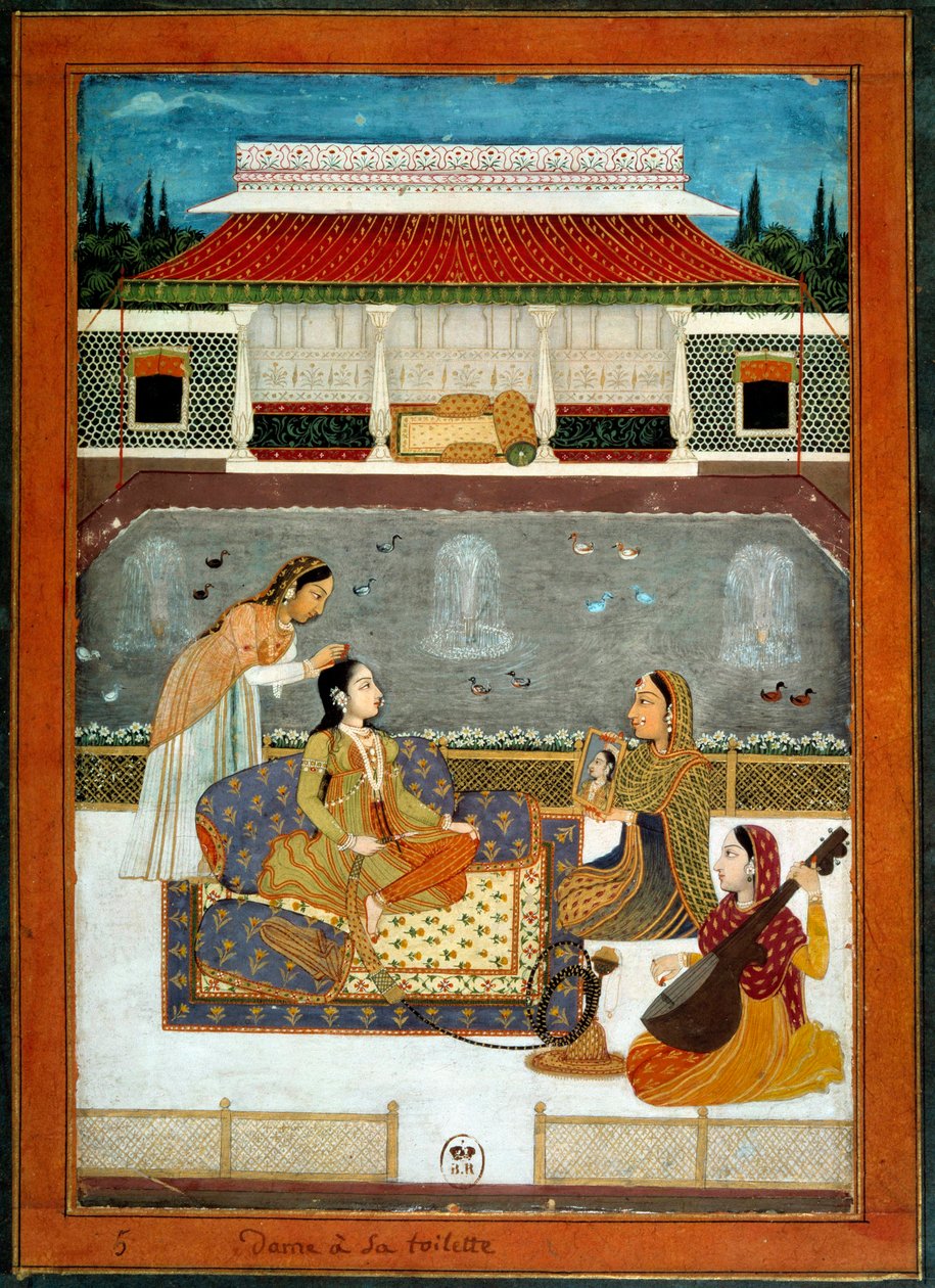 Egy indiai hercegnőnek van miniatűr vécéje az 1740-es Mughole Iskolából. alkotó: School Mughal