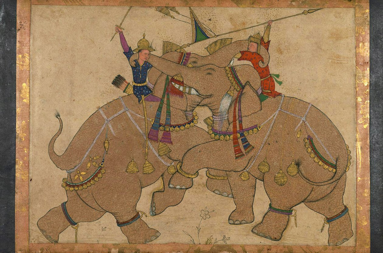 Elephant Combat (tinta, pigmentek kartonra szerelt papíron) alkotó: School Mughal