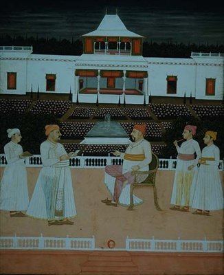 Hazan Riza könyörgést mutat be az oudhaai nawabnak egy mogul kertben alkotó: School Mughal