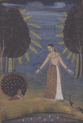 „Kakubha Ragini”: egy hölgy áll a tisztáson, és két pávát etet, Lucknow, tartományi mogul, egy Johnson-album 30. sz. i-viii sorozatából, 1780 körül (guache és arany papíron) alkotó: School Mughal