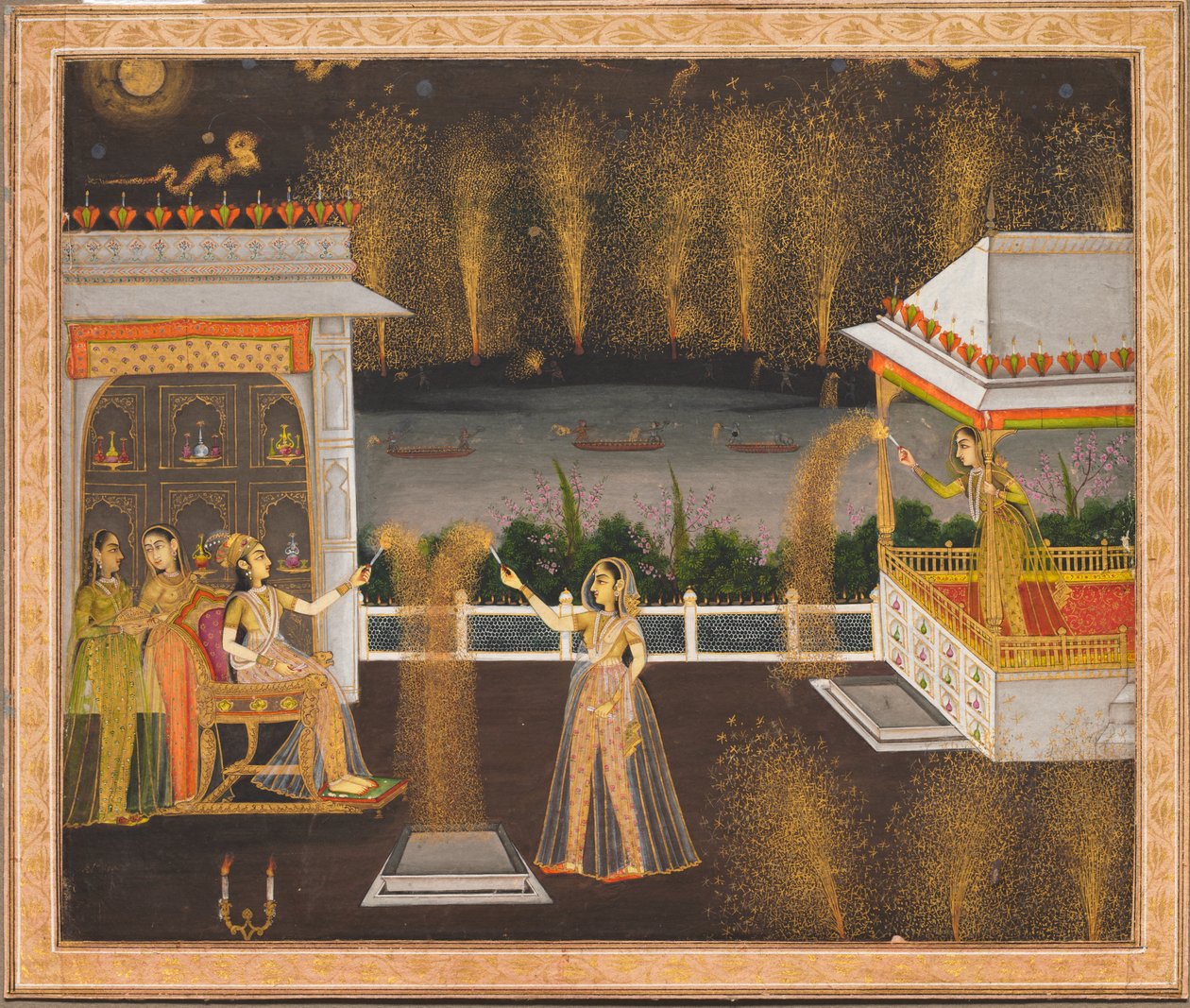 Hölgyek ünneplik a Diwalit, 1760 körül (fedetlen akvarell és arany, papír) alkotó: School Mughal