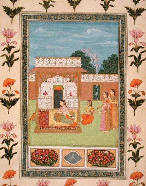 Hölgyek egy pavilonnál, a Small Clive Albumból (fedetlen akvarell, papír) alkotó: School Mughal
