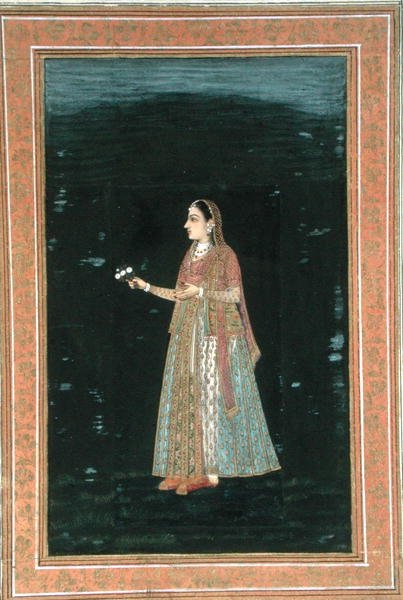Virágot tartó hölgy, a Small Clive Albumból (átlátszatlan akvarell papíron) alkotó: School Mughal