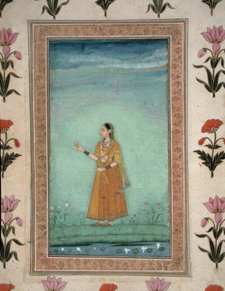 Gyümölcsöt tartó hölgy, egy liliomos tó mellett állva, a Small Clive Albumból, 1600 körül (átlátszatlan akvarell papíron) alkotó: School Mughal