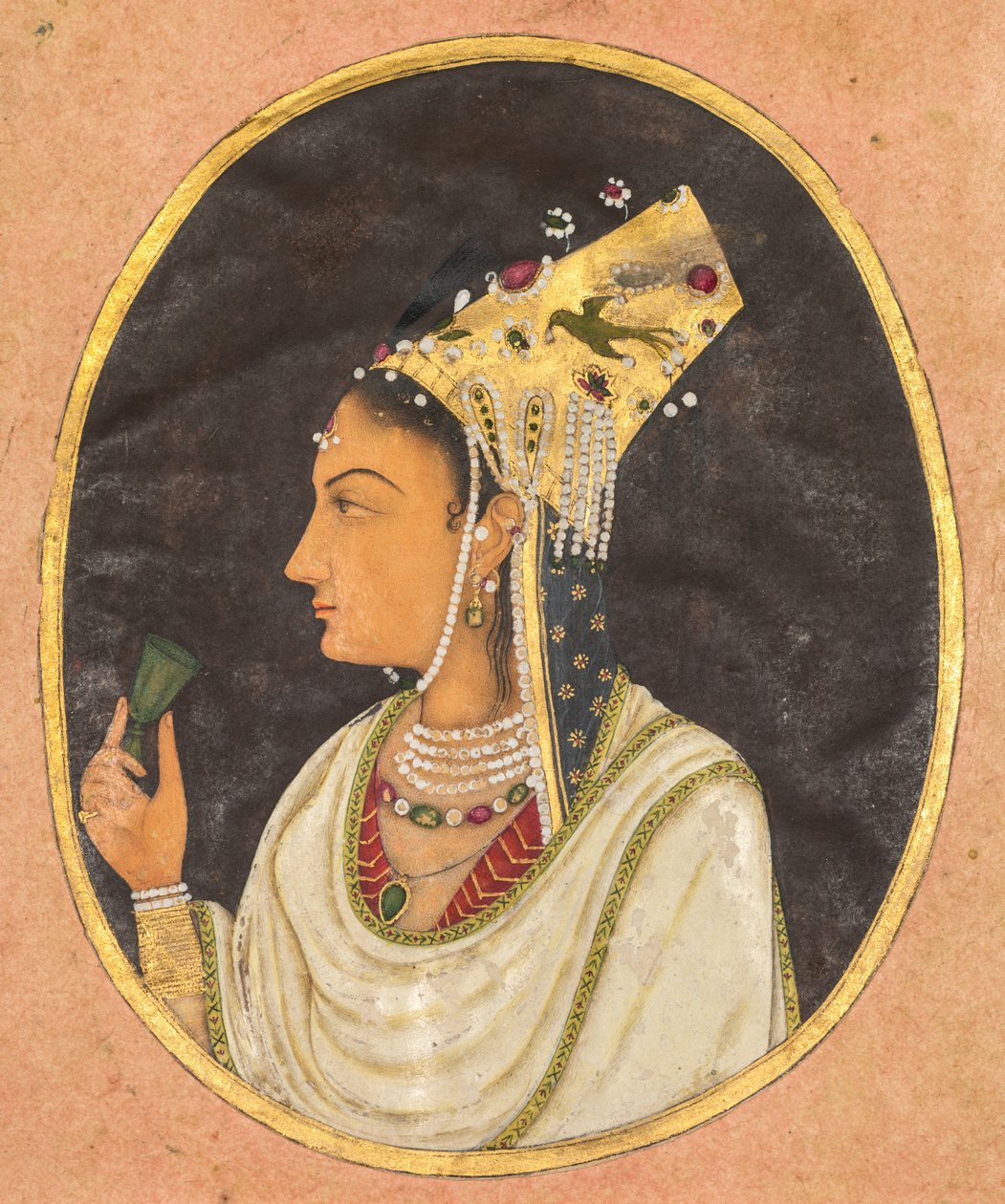 Csaghtai kalapos nő ovális portréja, c. 1740-50 (átlátszatlan akvarell és arany papíron) alkotó: School Mughal