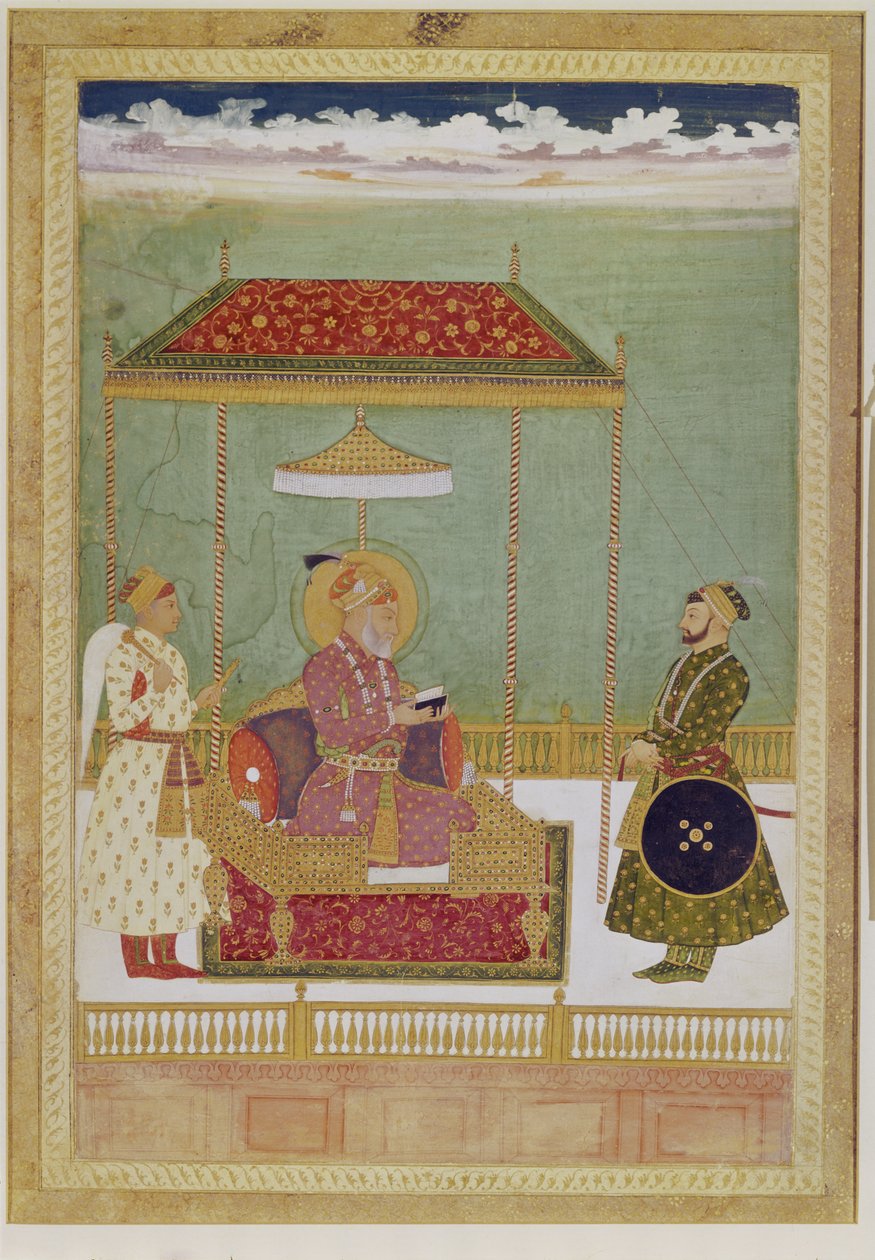 Shah Aurangzeb portréja egy férfival, esetleg Ashraf Khan, 18. század eleje (Átlátszatlan akvarell, tus és arany papíron) alkotó: School Mughal