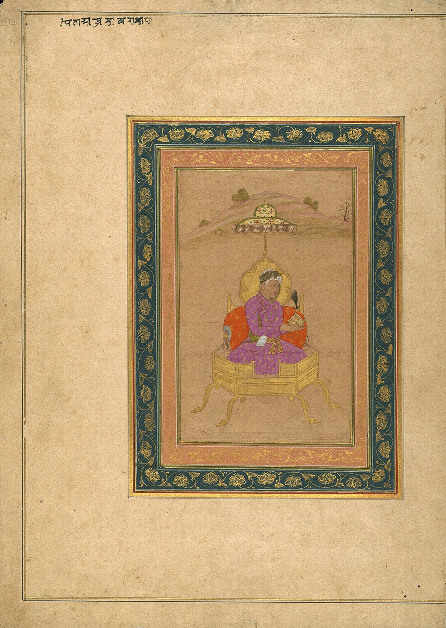 A 3. Akbar mogul császár a királyi trónon ül, miközben tartja a koronáját alkotó: School Mughal