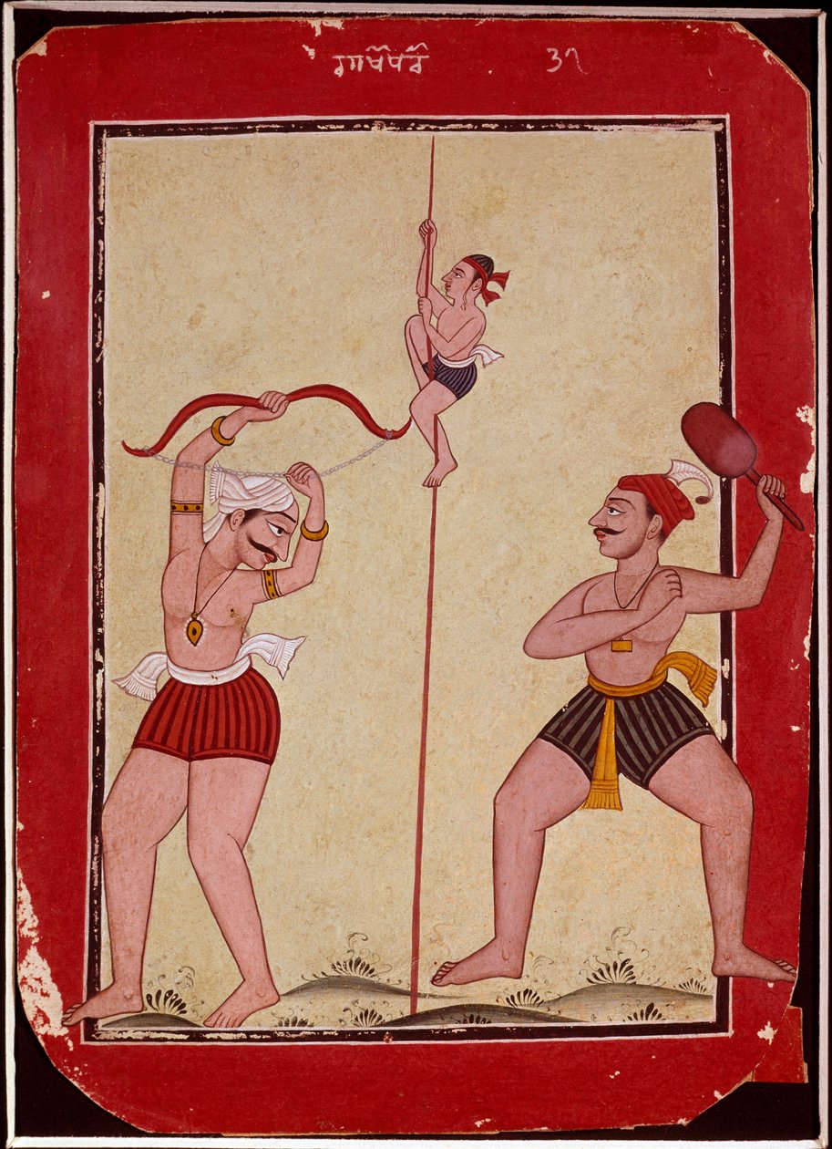 Három sportoló edzés közben (kötél, íjászat és hótalpas játék) (miniatűr alkotó: School Mughal
