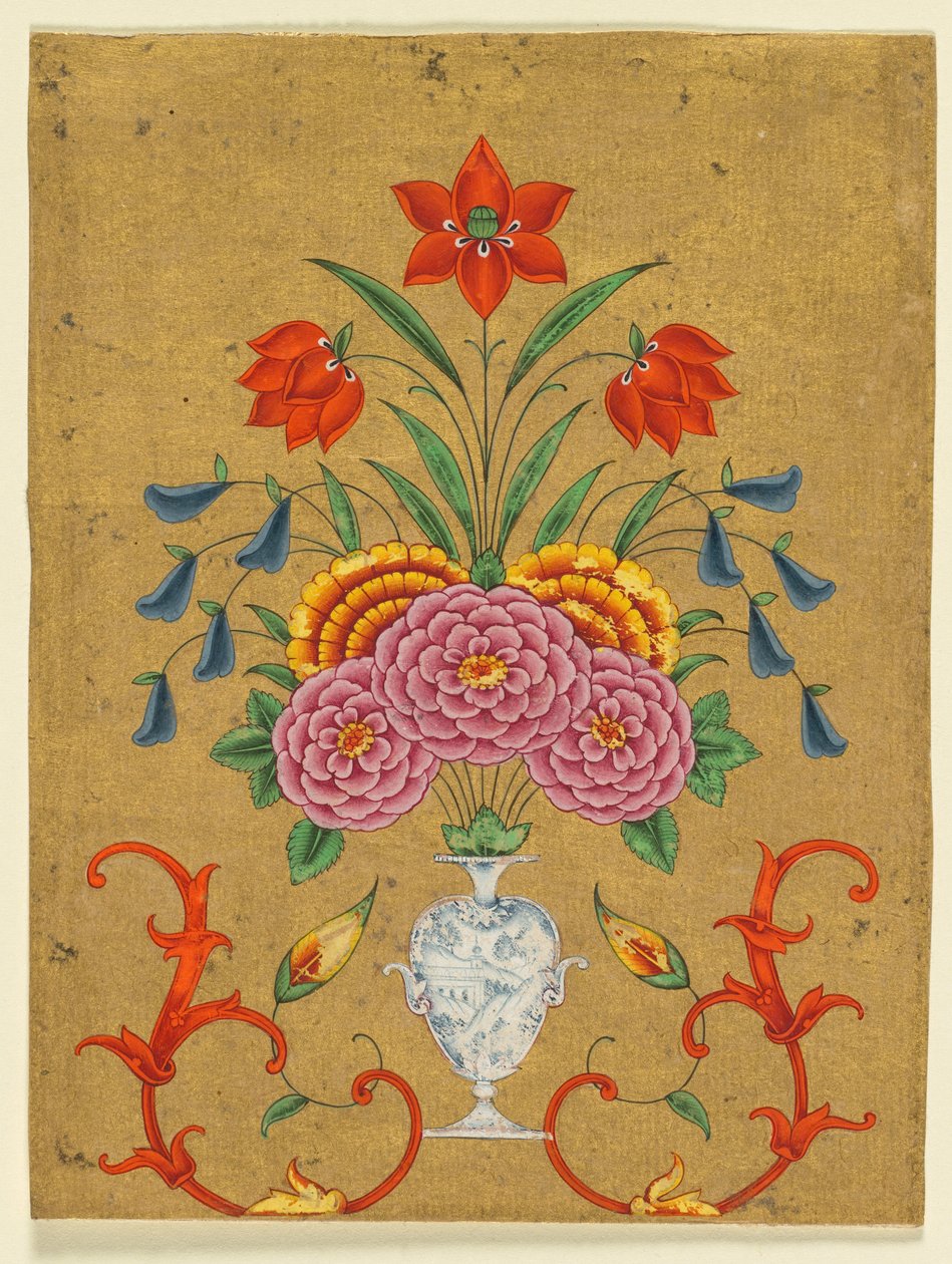 Váza virágdíszítéssel és tekercsekkel, 1750-1800 körüli (fedetlen akvarell aranyfestékkel, papír) alkotó: School Mughal