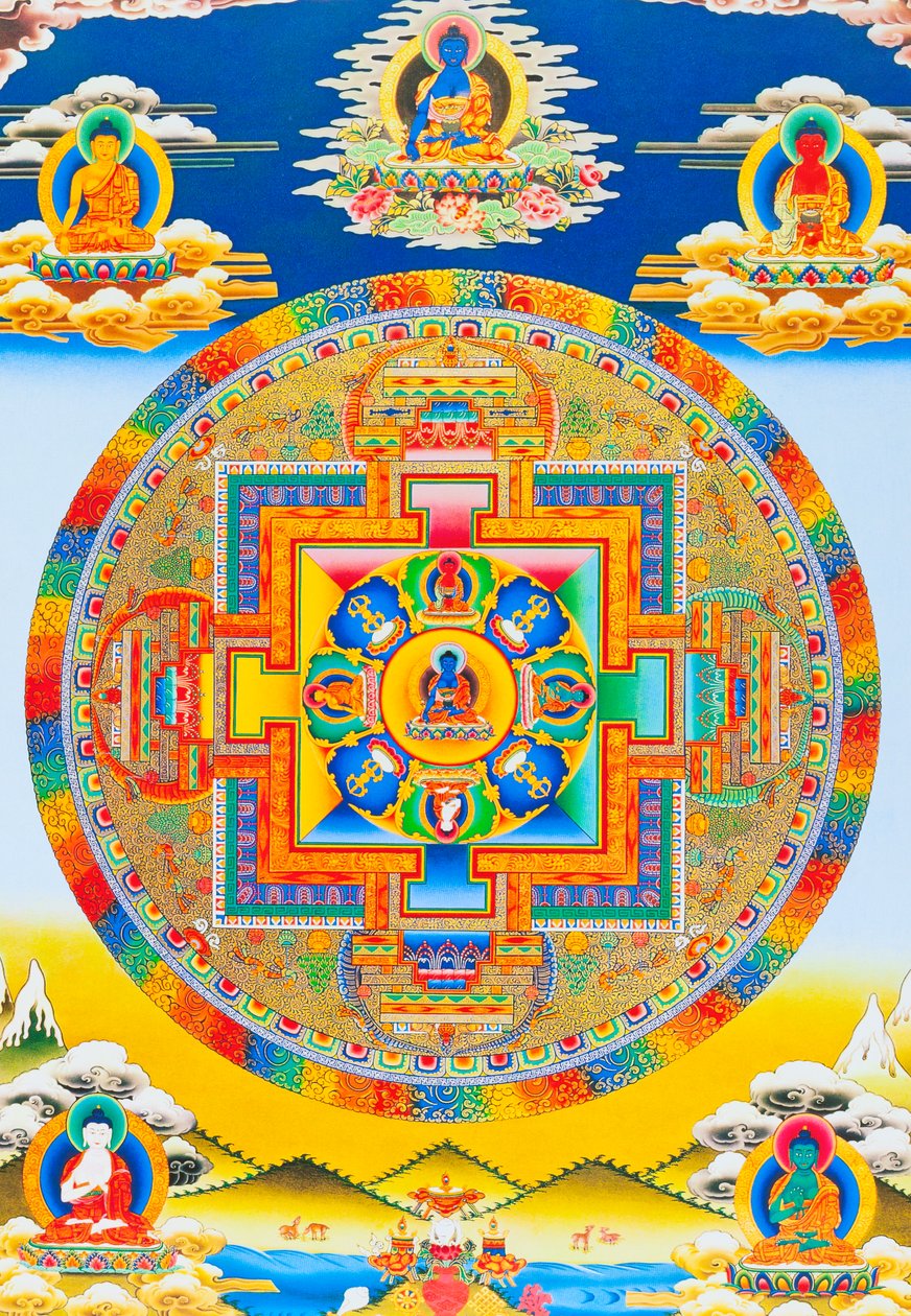 Akshobhya Mandala, amely a háboríthatatlan Buddhát Bhumi Sparsa Mudraként ábrázolja, megvilágosodásáról tanúskodó földdel (gouache a ruhán) alkotó: School Nepalese