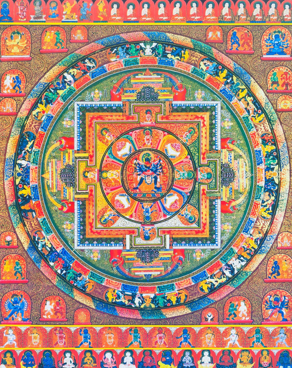Chakrasambhara Mandala, amely Sambhara főistenséget ábrázolja, aki átöleli hitvesét, Vajrabarahit, ami a bölcsesség és a gyakorlat egyesülését szimbolizálja a legfelsőbb boldogság elérése érdekében (guache a ruhán) alkotó: School Nepalese