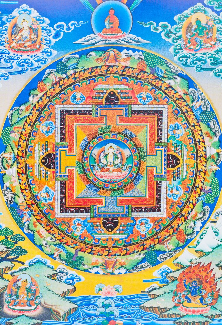 Chenresi mandala; a középső figura az együttérzés Buddháját, Amitava Buddha égi megnyilvánulását ábrázolja, mindig közel a szenvedő lényekhez (guache a ruhán) alkotó: School Nepalese