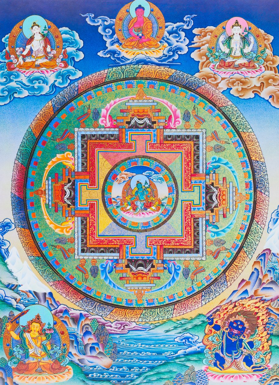 Zöld Tara Mandala, amely az anyai védelmezőt ábrázolja minden veszélytől a létezés óceánjában (guache a ruhán) alkotó: School Nepalese