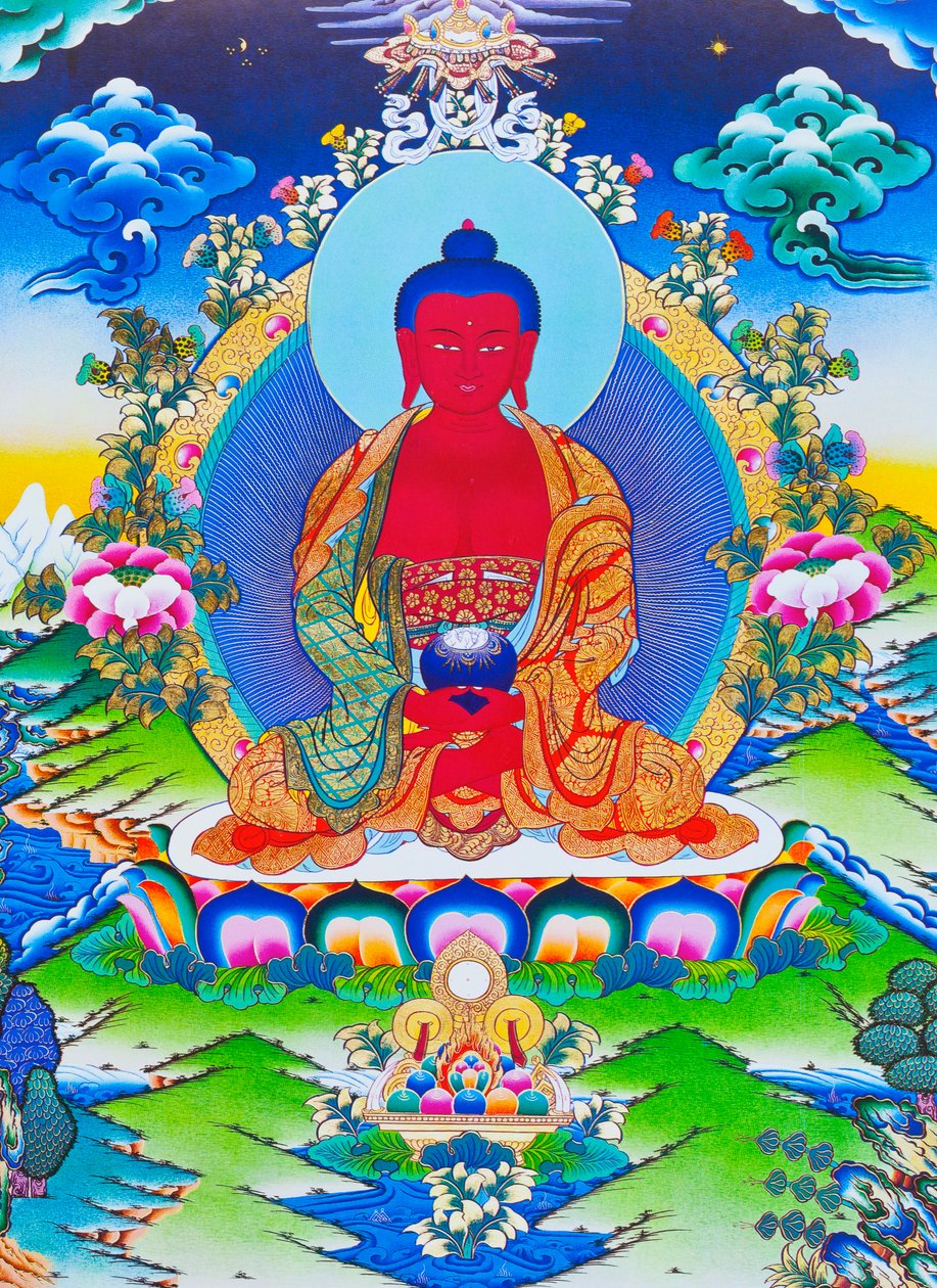 A kép Amitabha Buddhát ábrázoló lótuszon ülve (gouache a ruhán) alkotó: School Nepalese