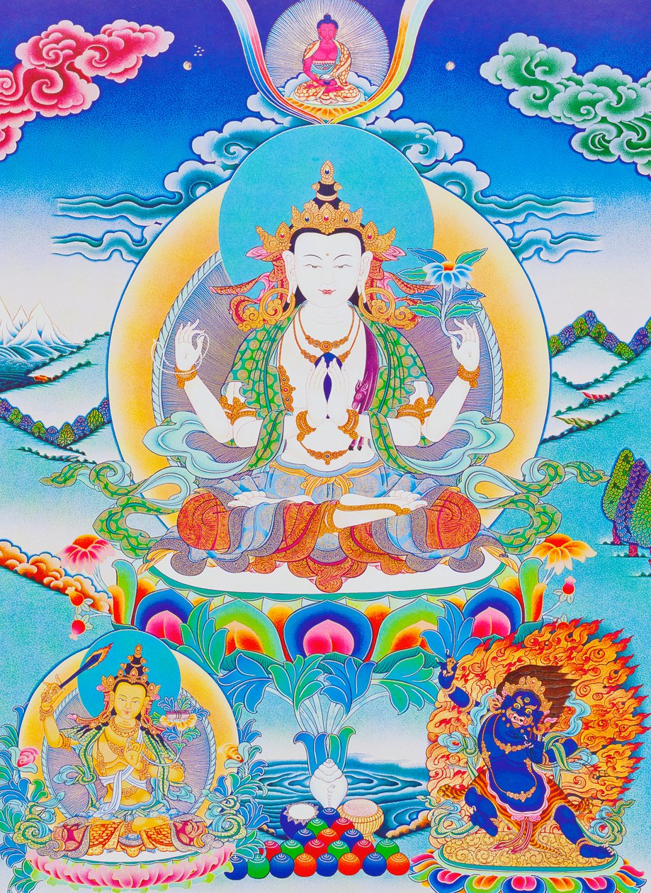 A kép Chenresit, a hat szótag „Om Mani Padme Hum” urát ábrázolja (guache a ruhán) alkotó: School Nepalese