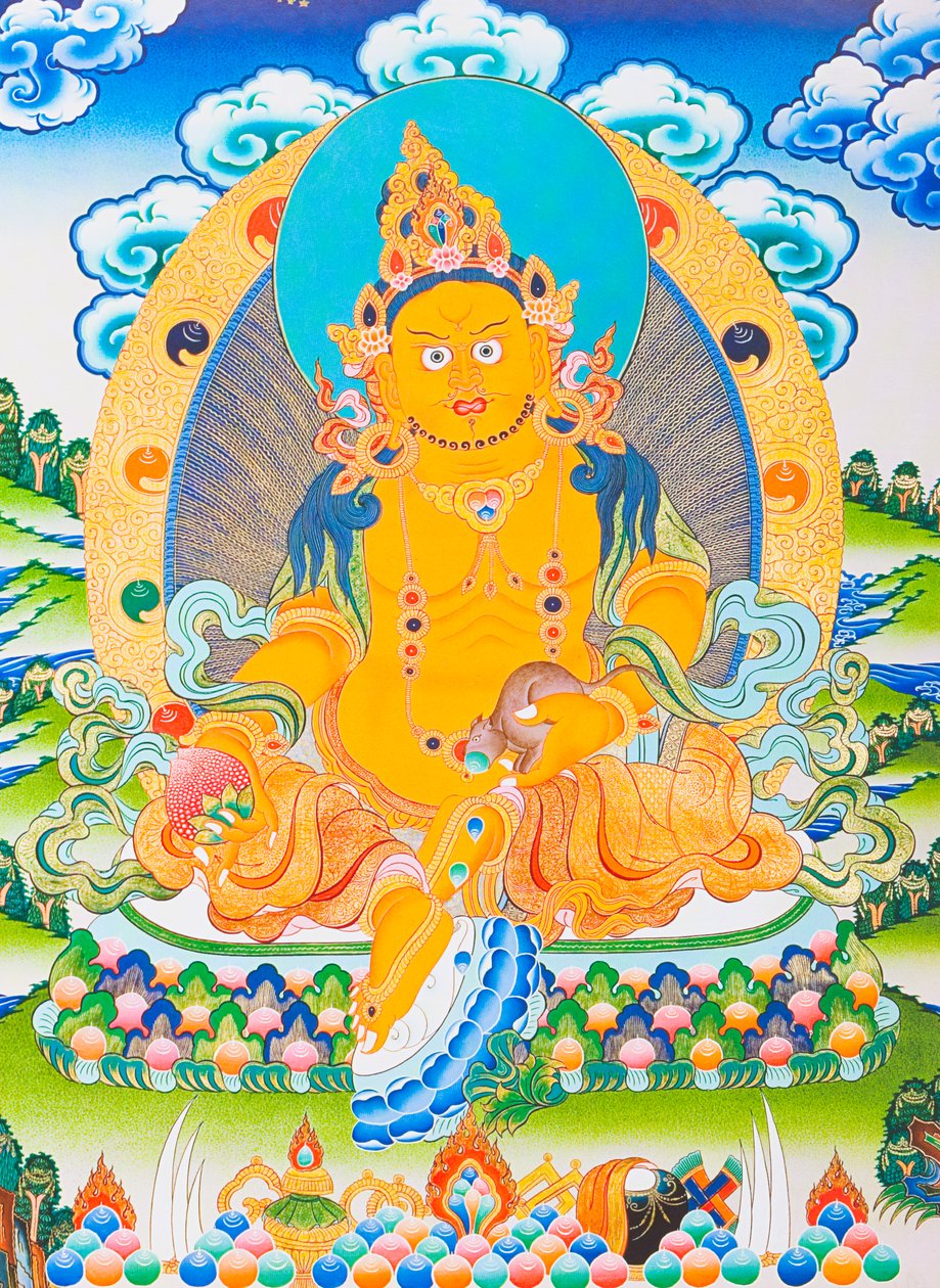 A Dzambhalát ábrázoló kép, a sárga Dzambhala Buddha Ratnasambhava megnyilvánulása, amely a gazdagságot szimbolizálja a materialista világban (guache a ruhán) alkotó: School Nepalese