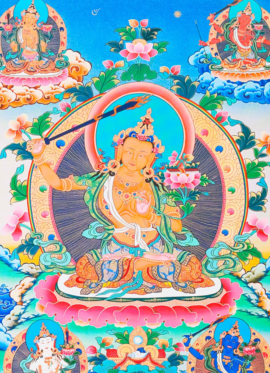 Manjushree-t, a Katmandu-völgy legendás alkotóját ábrázoló kép (gouache a ruhán) alkotó: School Nepalese