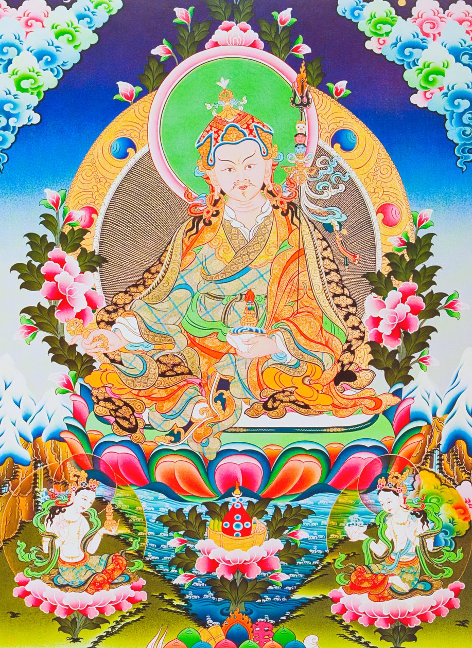 Padmasambhavát vagy Rimpoche gurut, a tibeti tantrizmus istenített apostolát ábrázoló kép, aki állítólag uralmat szerzett a démonok és szellemek felett (guache a ruhán) alkotó: School Nepalese